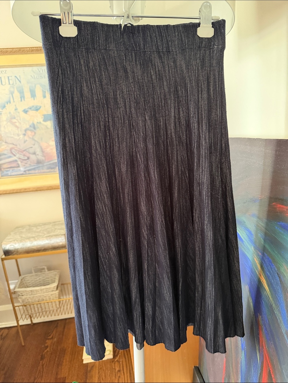 ORLY Paris France Pleated Skirt Woman S/M Blue Denim Jersey